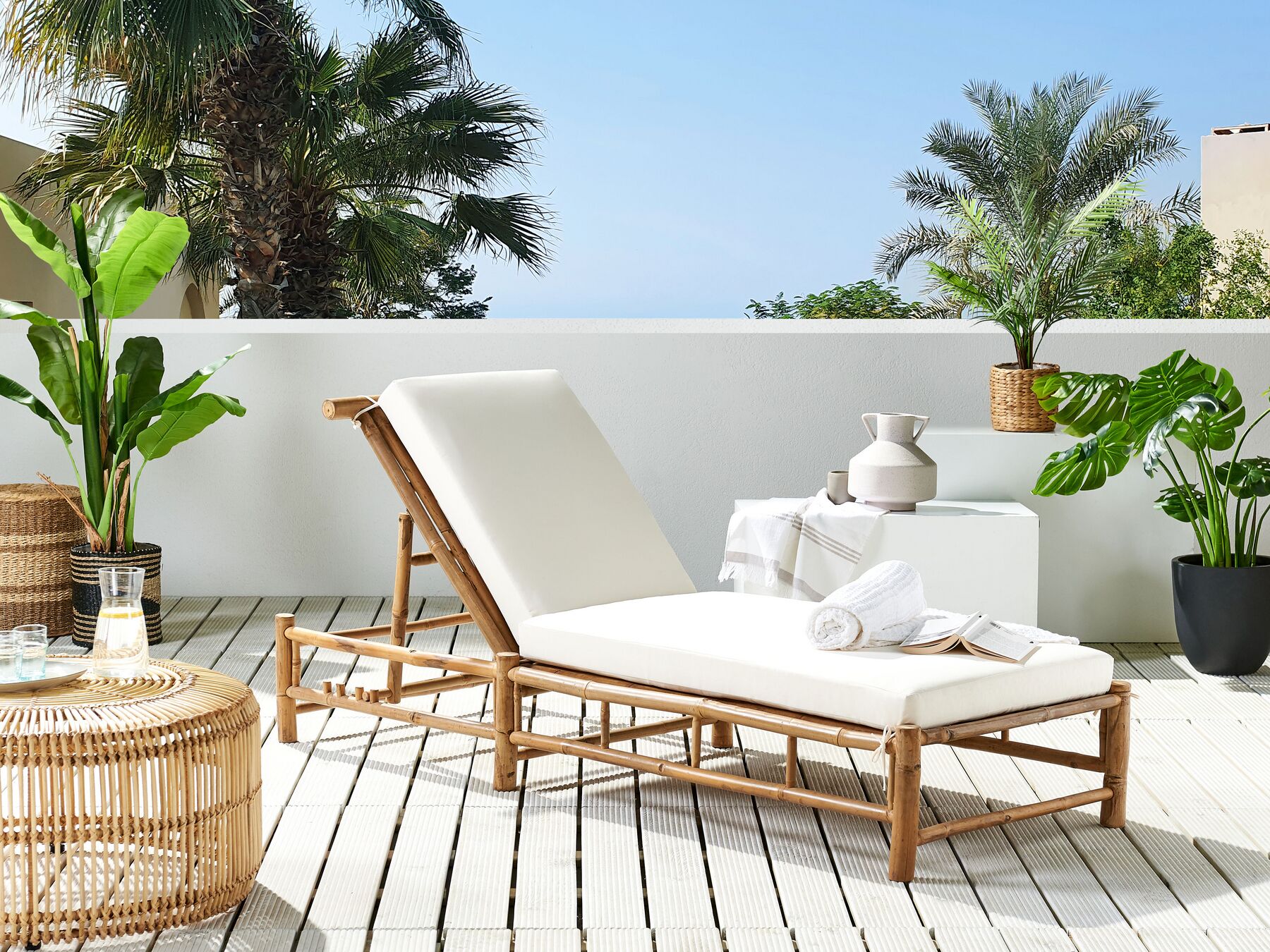 Sun Lounger with Cushion LIGURE Reclining Bamboo Wood Brown