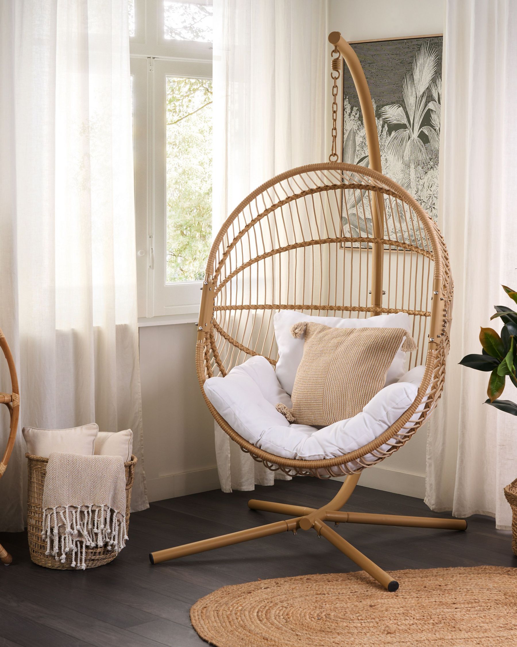 Hanging Chair with Stand Rattan Beige