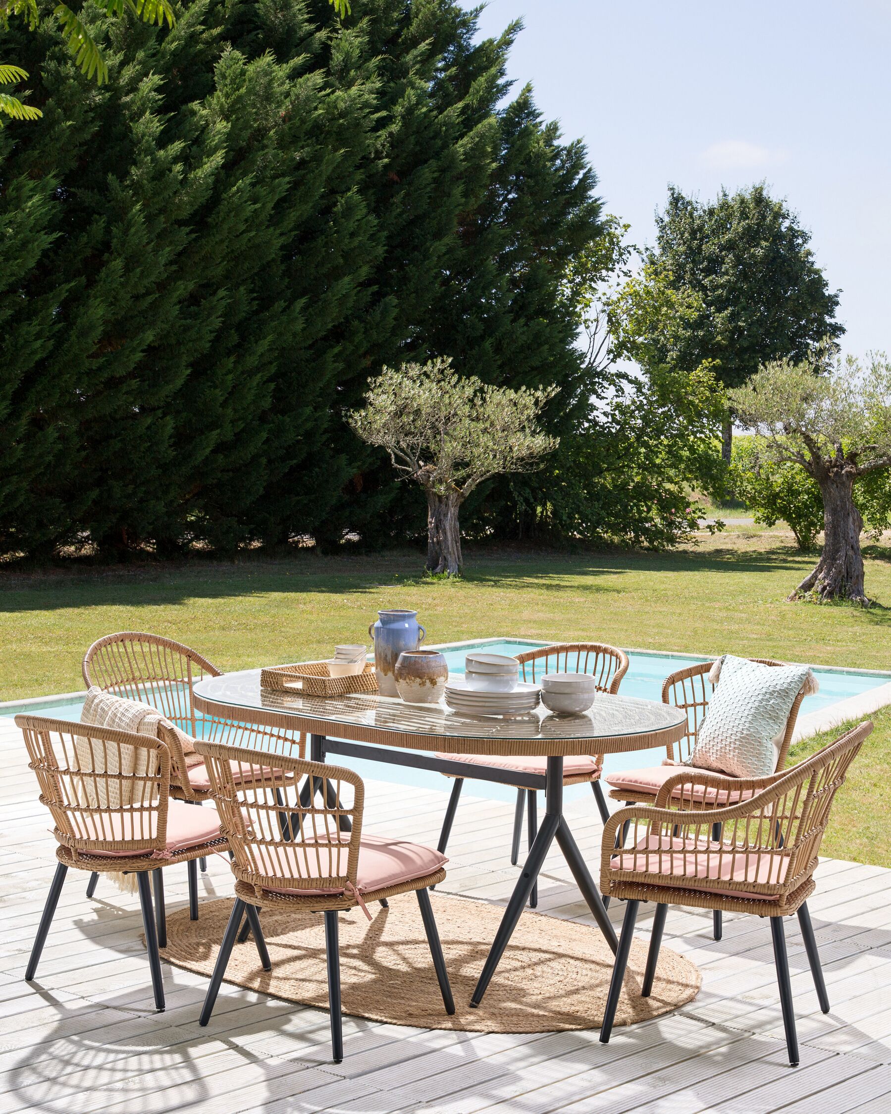 Garden Dining Set 6 Seater ALIANO with Cushions PE Rattan Pastel Pink
