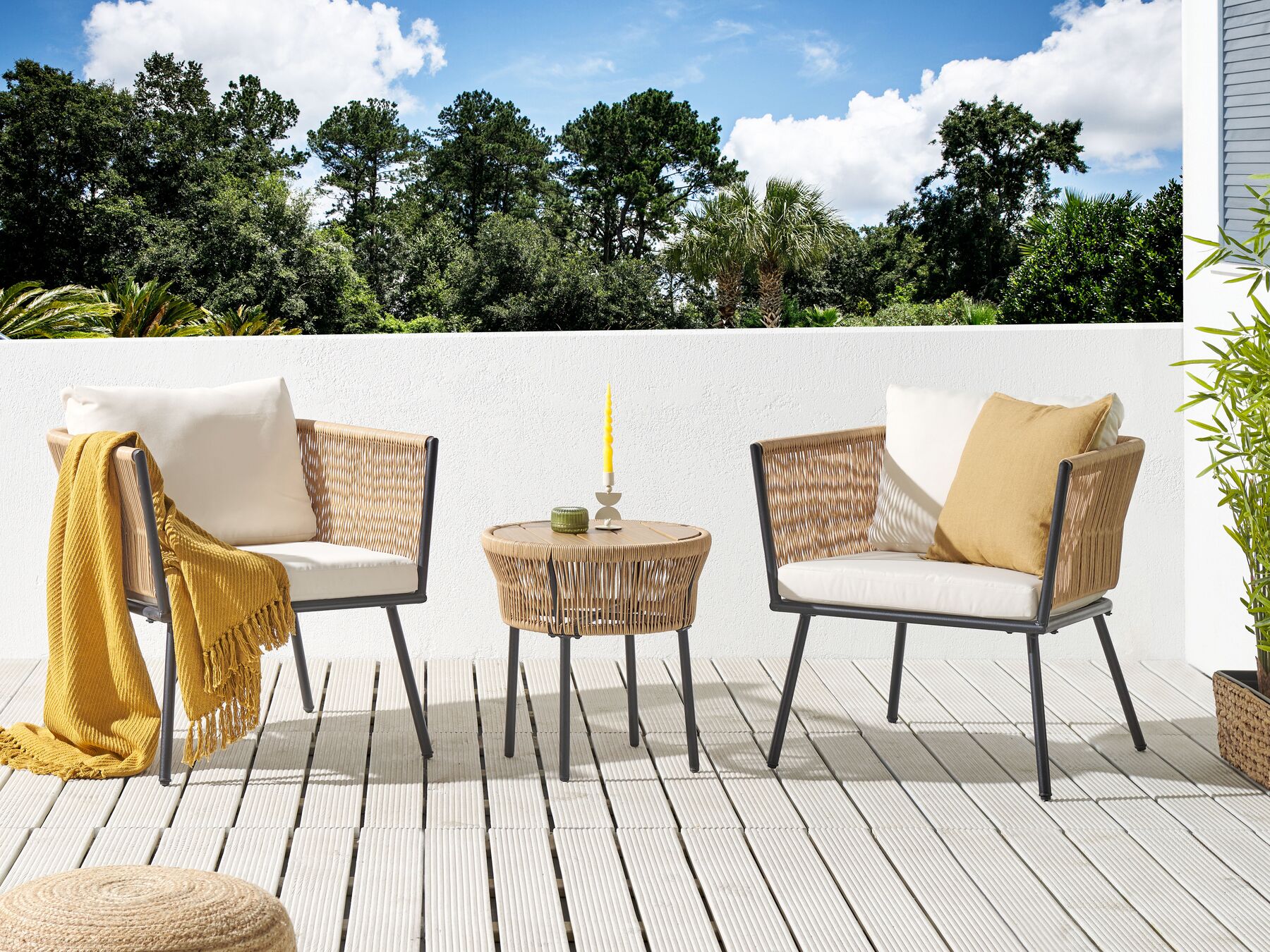 Bistro Set with Cushions Rattan Natural