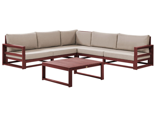Garden Corner Sofa with Table 5 Seater TIMOR Modular Acacia Wood Dark Red Grey Beige