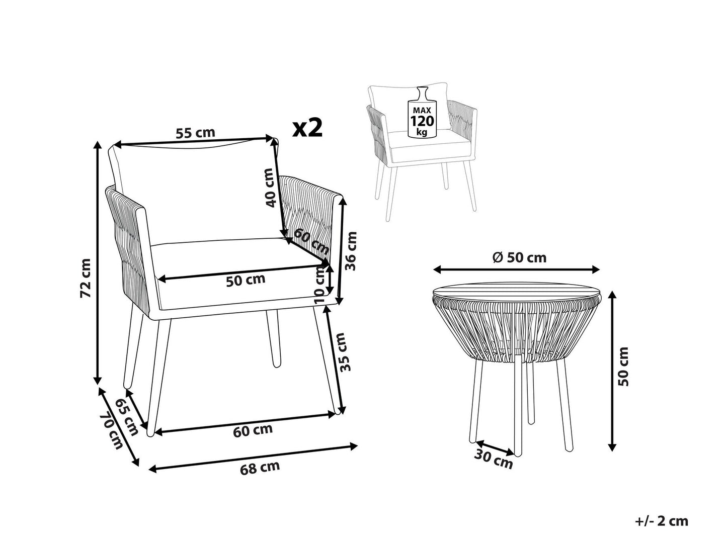 Bistro Set with Cushions Rattan Natural