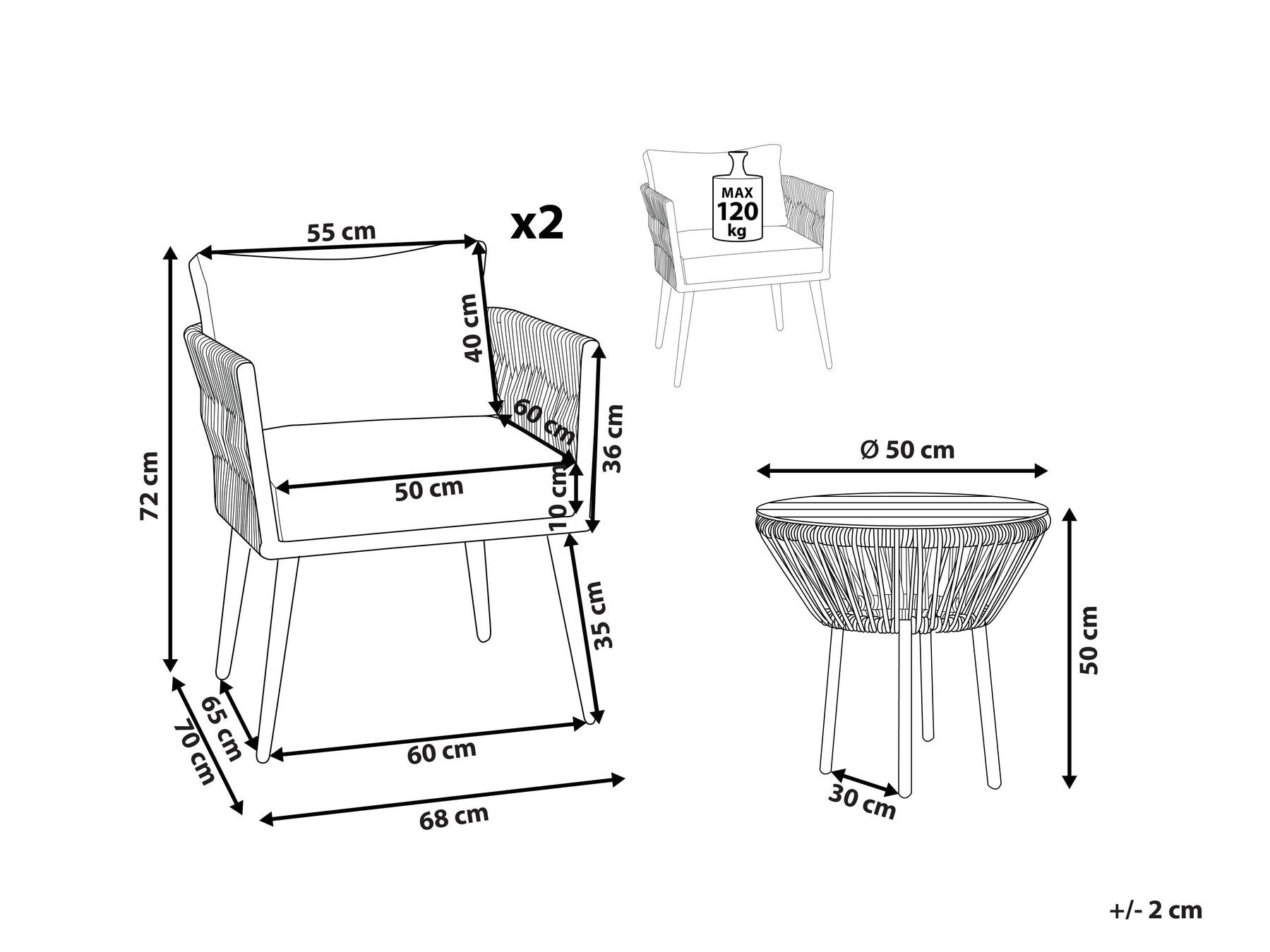Bistro Set with Cushions Rattan Natural