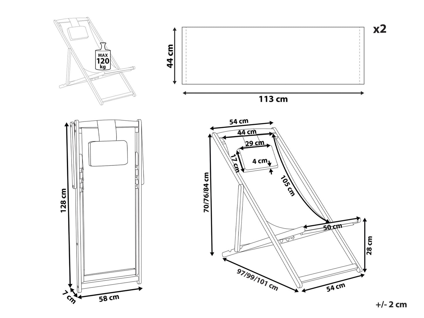 Folding Deck Chair and 2 Replacement Fabrics (Various Options) Dark Wood AVELLINO