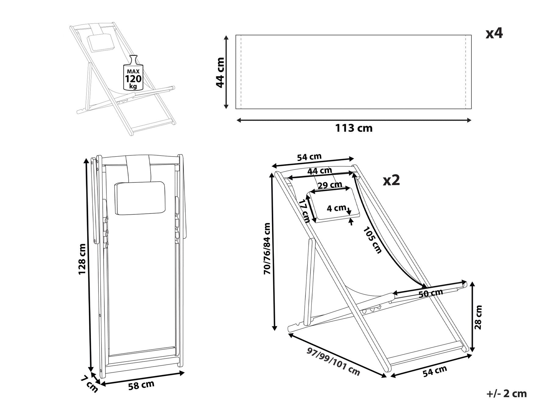 Set of 2 Folding Deck Chairs and 2 Replacement Fabrics (Various Options) Light Wood AVELLINO