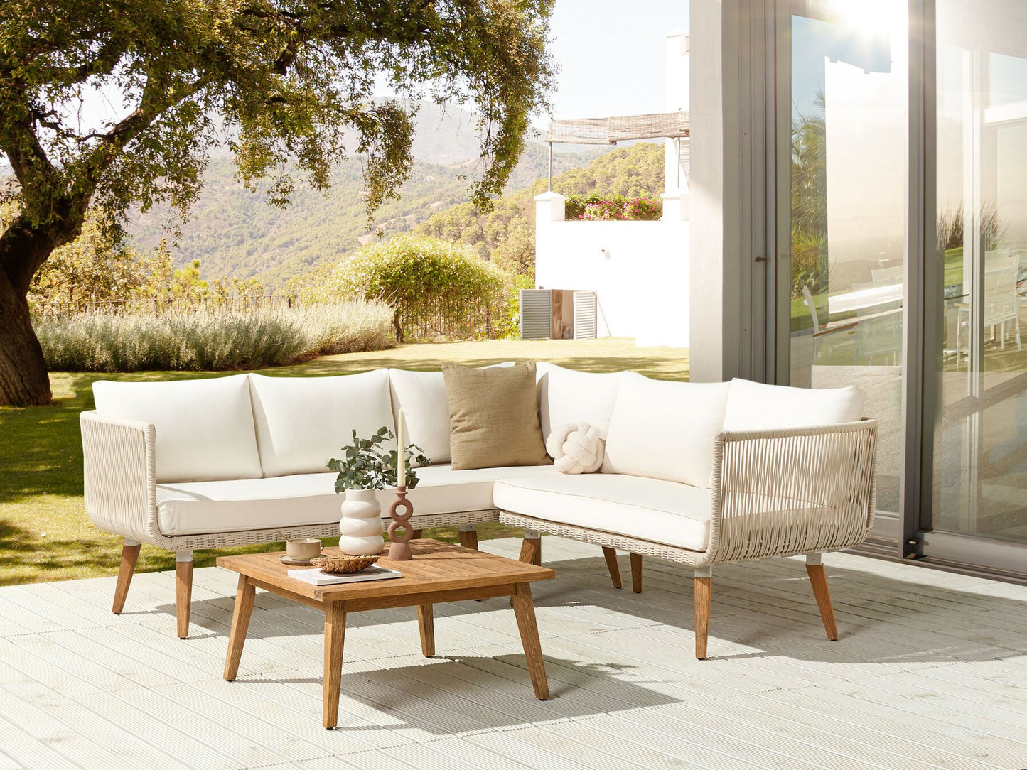 Garden Corner Sofa with Table 5 Seater ALCAMO Left Hand Acacia Wood Light Beige