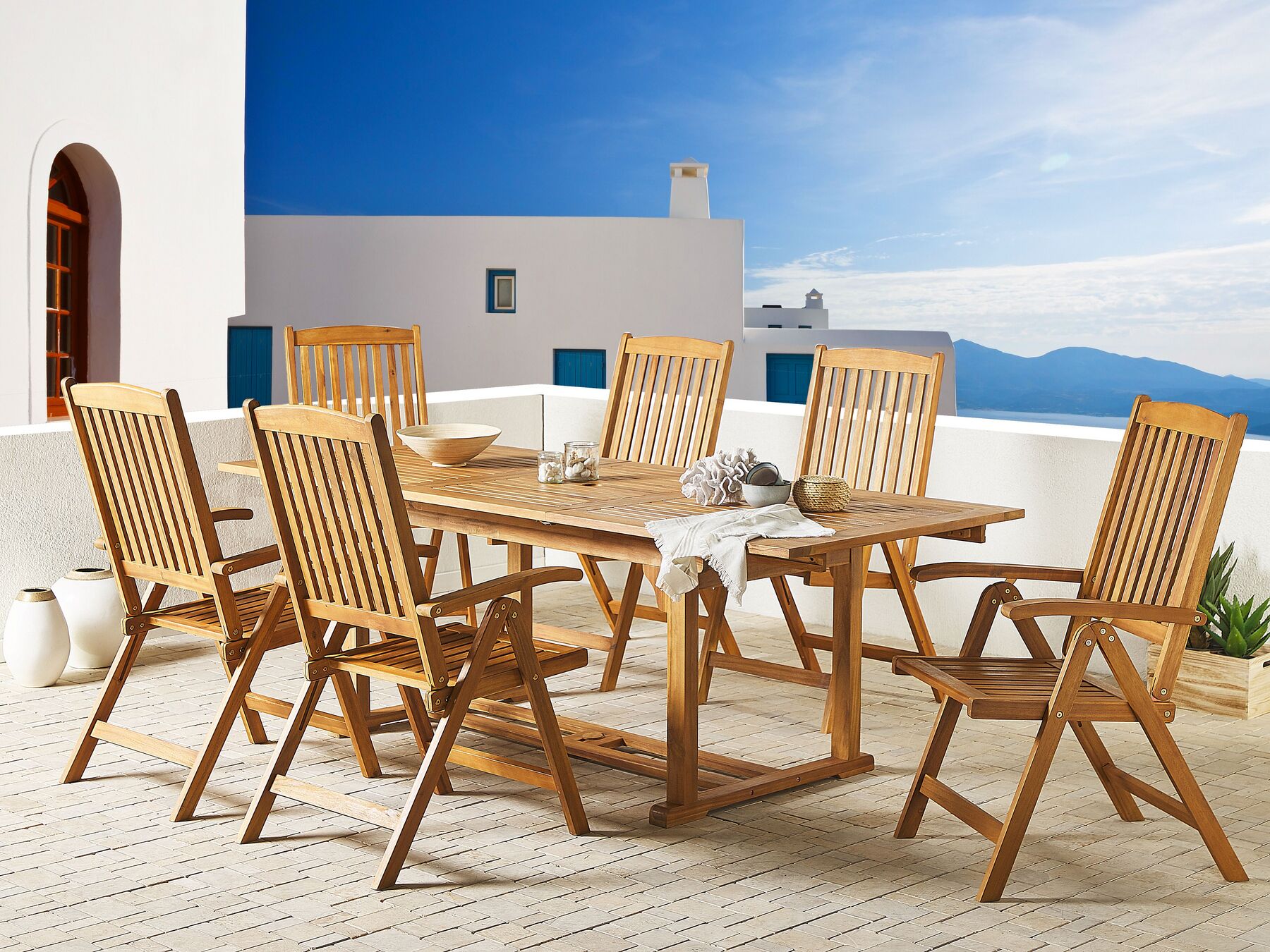 Garden Dining Set 6 Seater JAVA with Parasol (12 Options) Acacia Wood Light Brown
