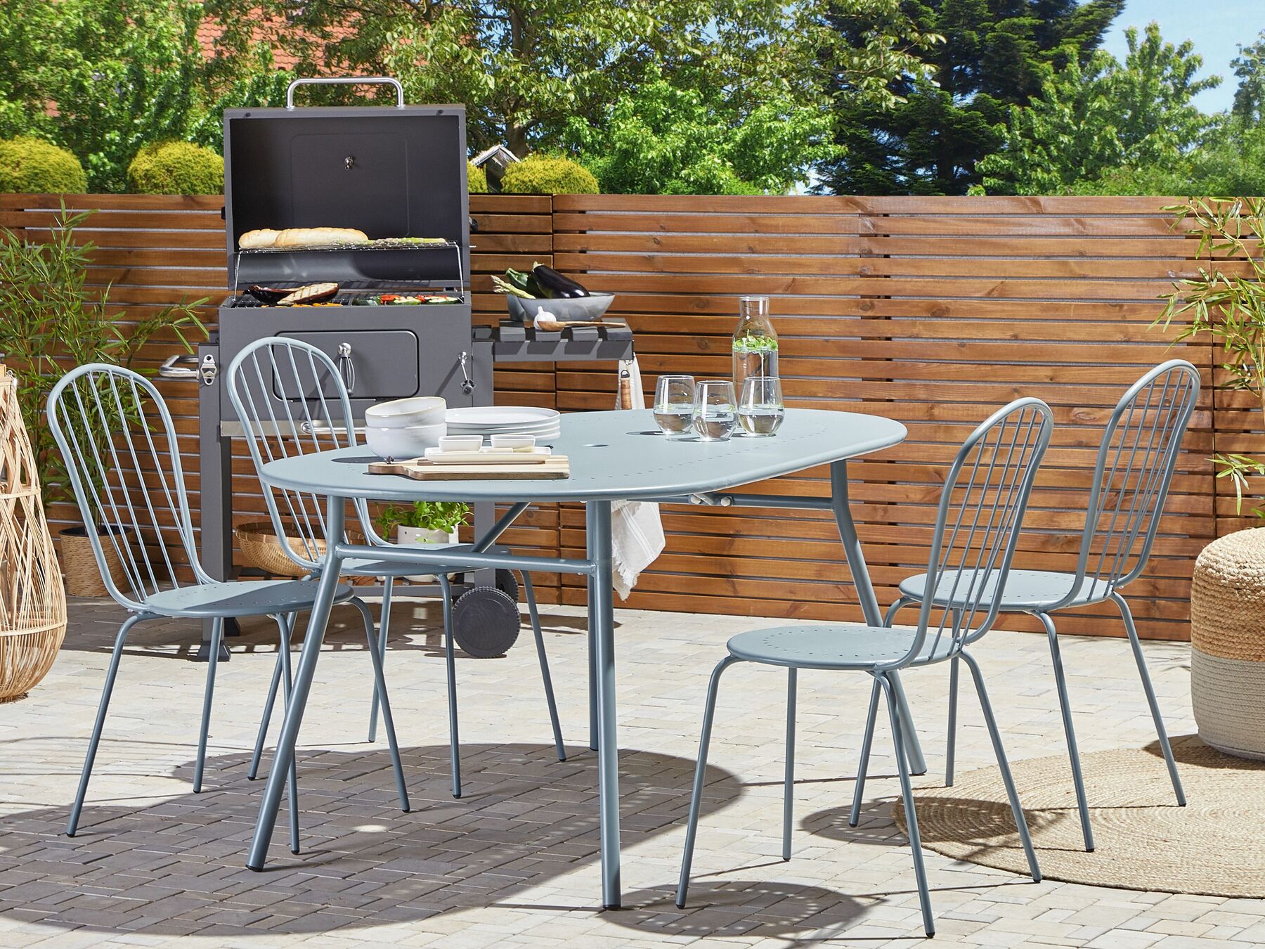 Garden Dining Set 4 Seater CALVI with Parasol (16 Options) Metal Light Blue