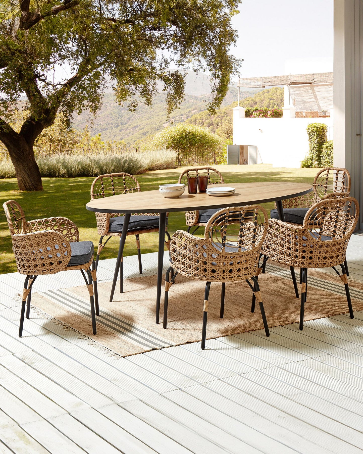 Set of 6 Garden Chairs with Cushions Rattan Natural