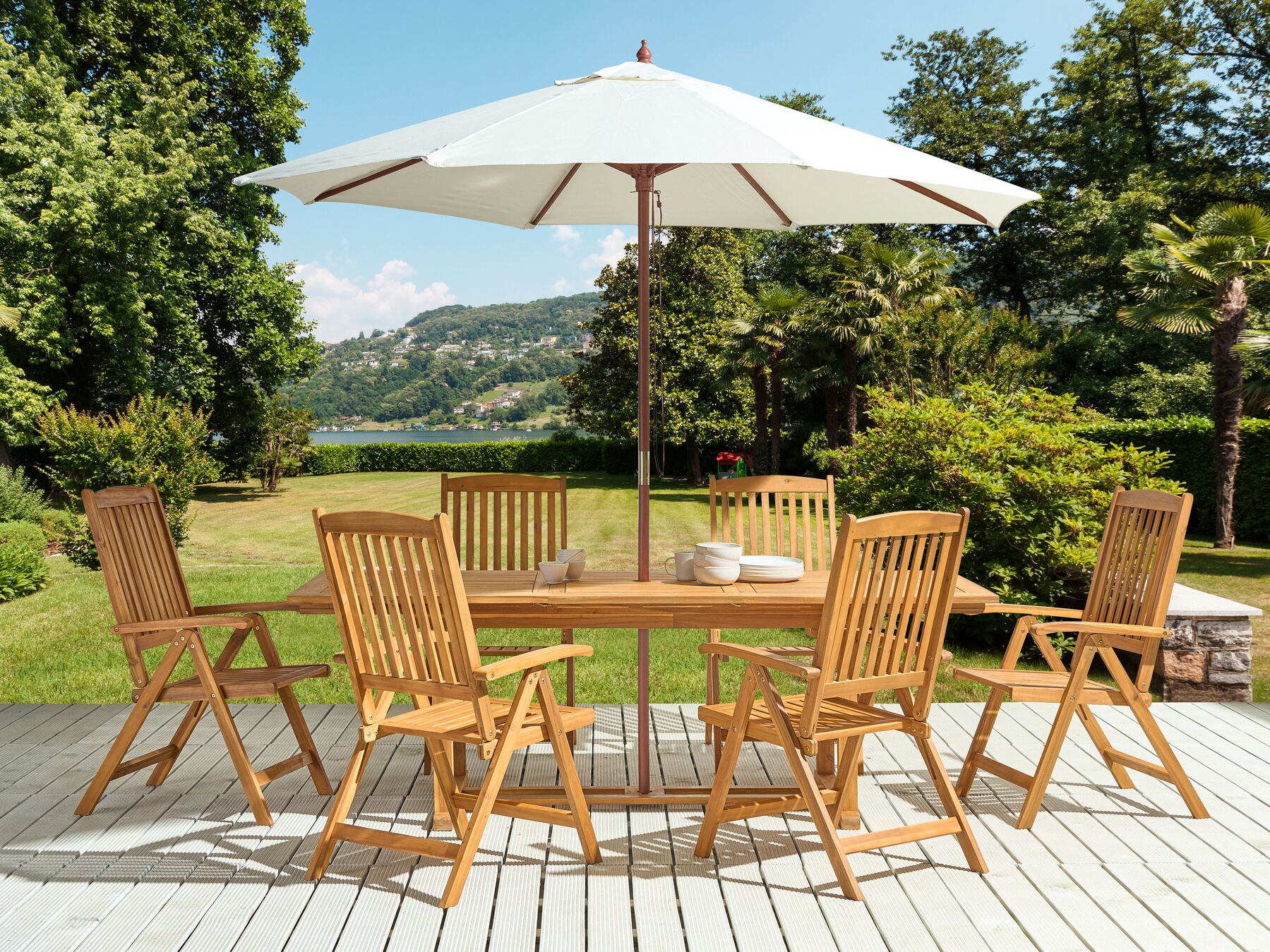 Garden Dining Set 6 Seater JAVA with Parasol (12 Options) Acacia Wood Light Brown