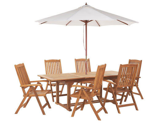 Garden Dining Set 6 Seater JAVA with Parasol (12 Options) Acacia Wood Light Brown