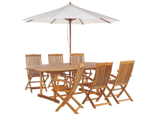 Garden Dining Set 6 Seater MAUI with Parasol (12 Options) Acacia Wood Light Brown