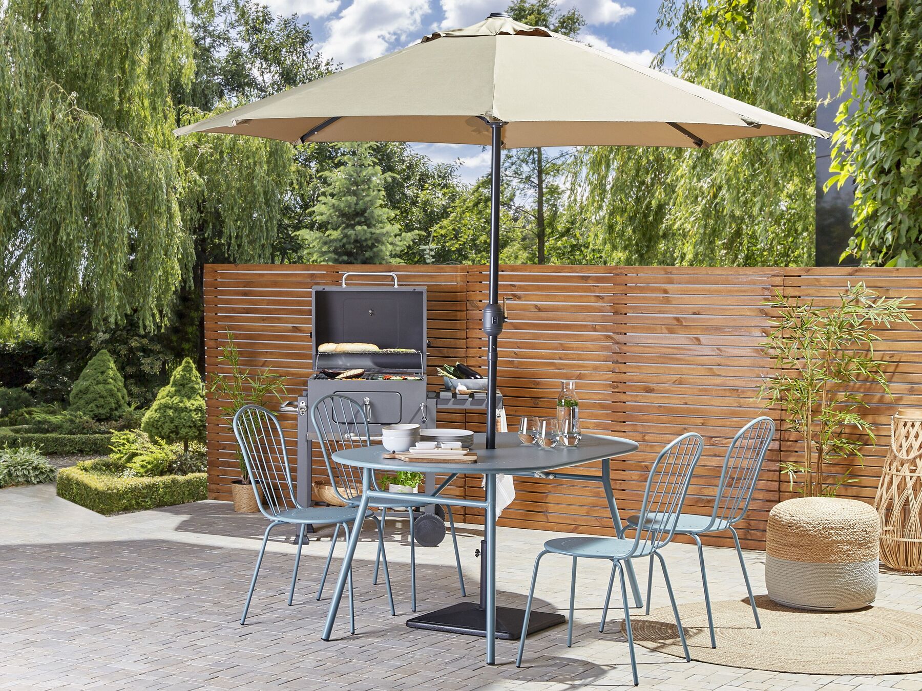 Garden Dining Set 4 Seater CALVI with Parasol (16 Options) Metal Light Blue