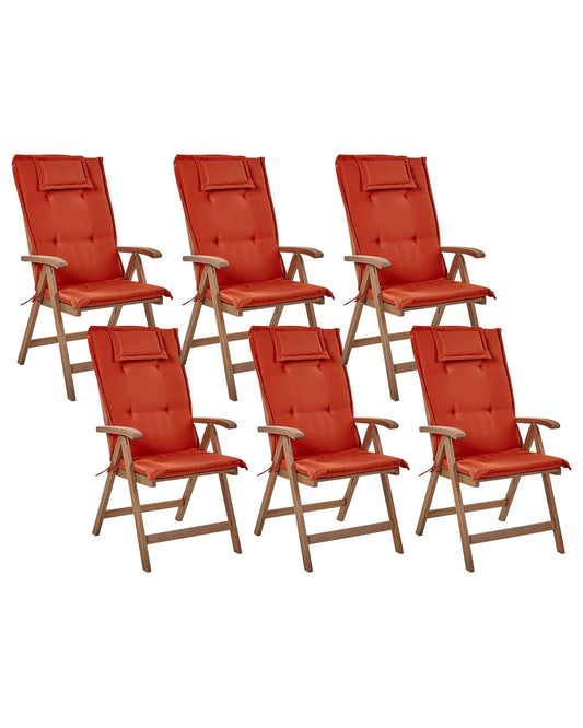 Set of 6 Garden Chairs with Cushions AMANTEA Acacia Wood Red