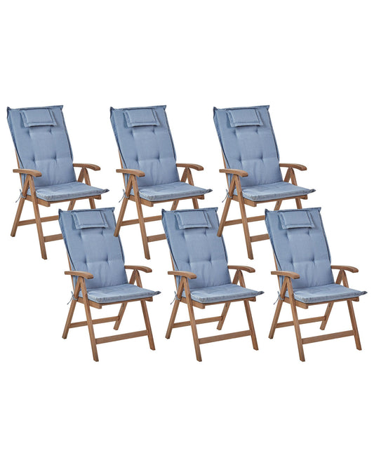 Set of 6 Garden Chairs with Cushions AMANTEA Acacia Wood Blue