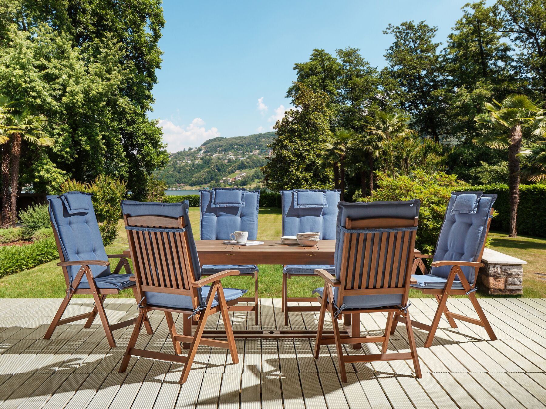 Garden Dining Set 6 Seater AMANTEA with Cushions Acacia Wood Blue