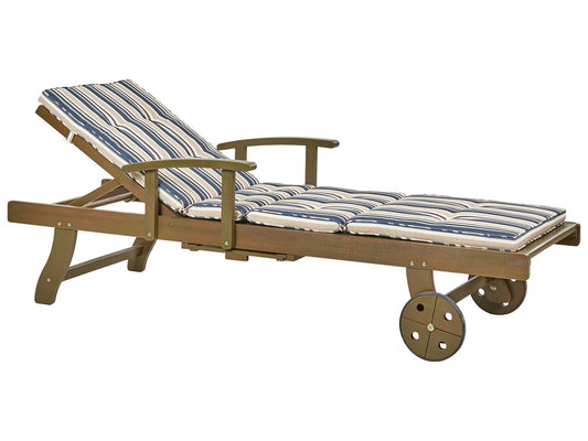 Acacia Wood Reclining Sun Lounger with Striped Blue Cushion AMANTEA