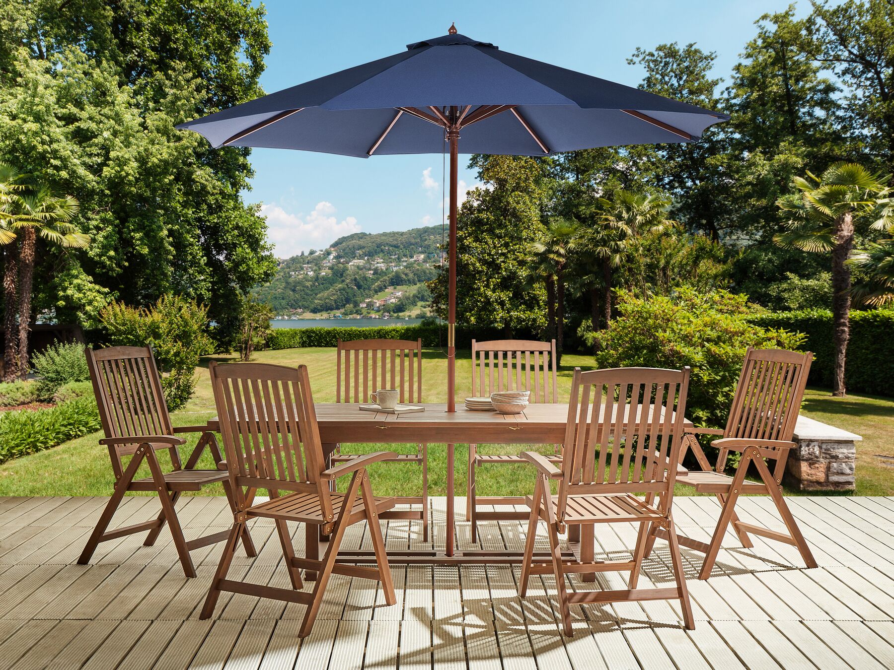 Garden Dining Set 6 Seater AMANTEA with Parasol Acacia Wood Blue