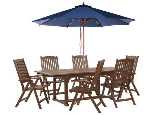 Garden Dining Set 6 Seater AMANTEA with Parasol Acacia Wood Blue