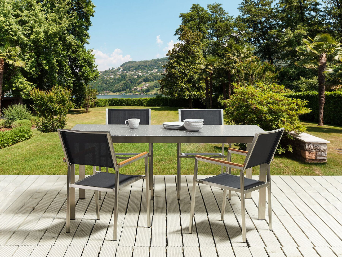 Garden Dining Set 4 Seater COSOLETO/GROSSETO Tempered Glass Granite Effect Black