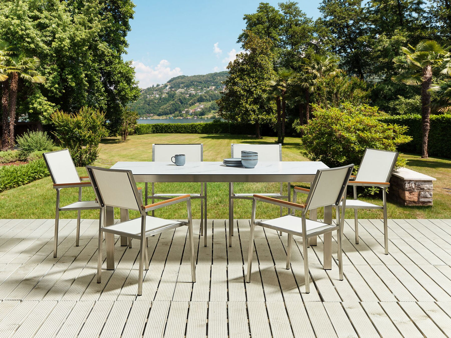Garden Dining Set 6 Seater COSOLETO/GROSSETO Tempered Glass Marble Effect White Marble