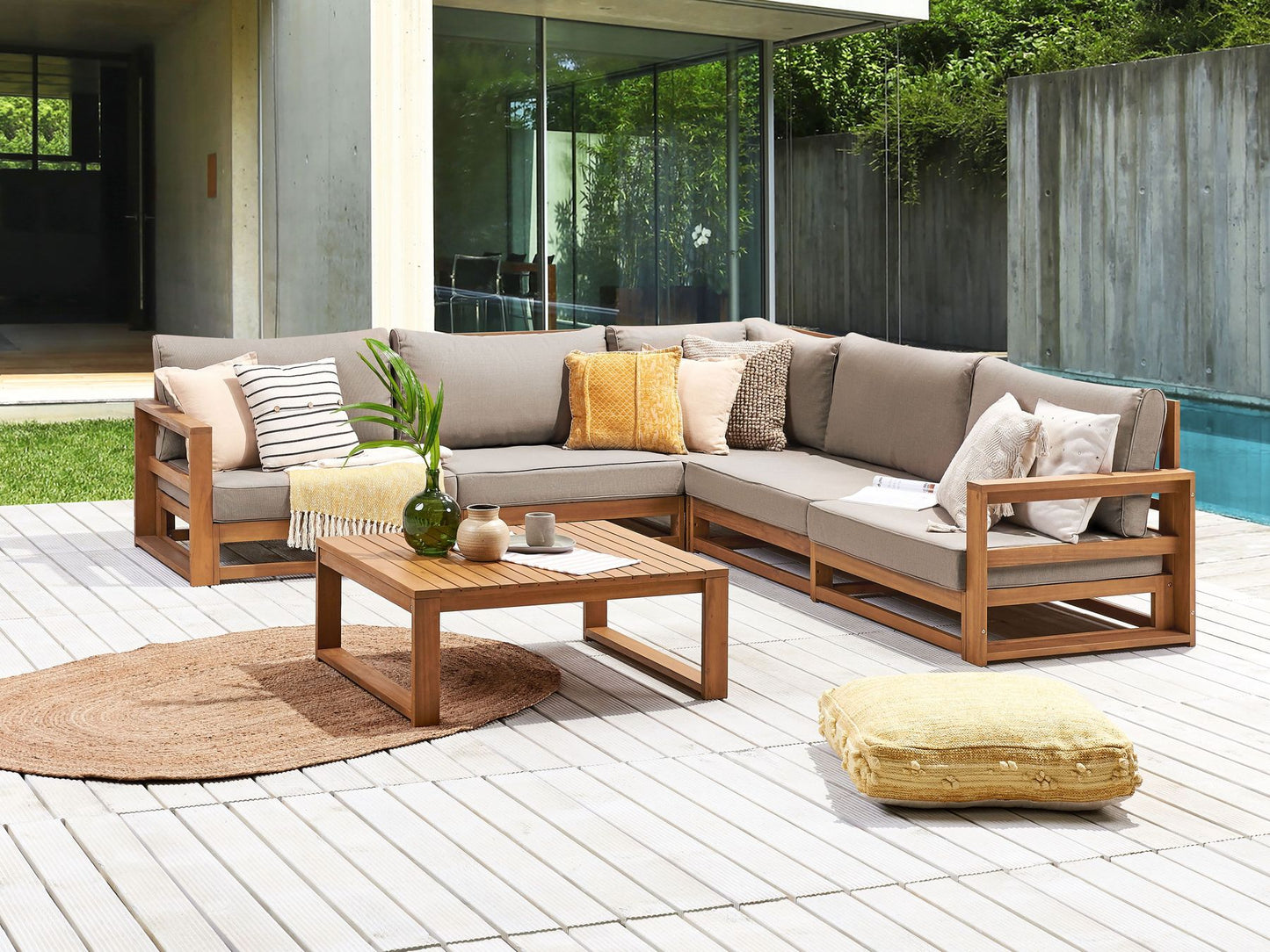 Garden Corner Sofa with Table 5 Seater TIMOR Modular Certified Acacia Wood Light Brown
