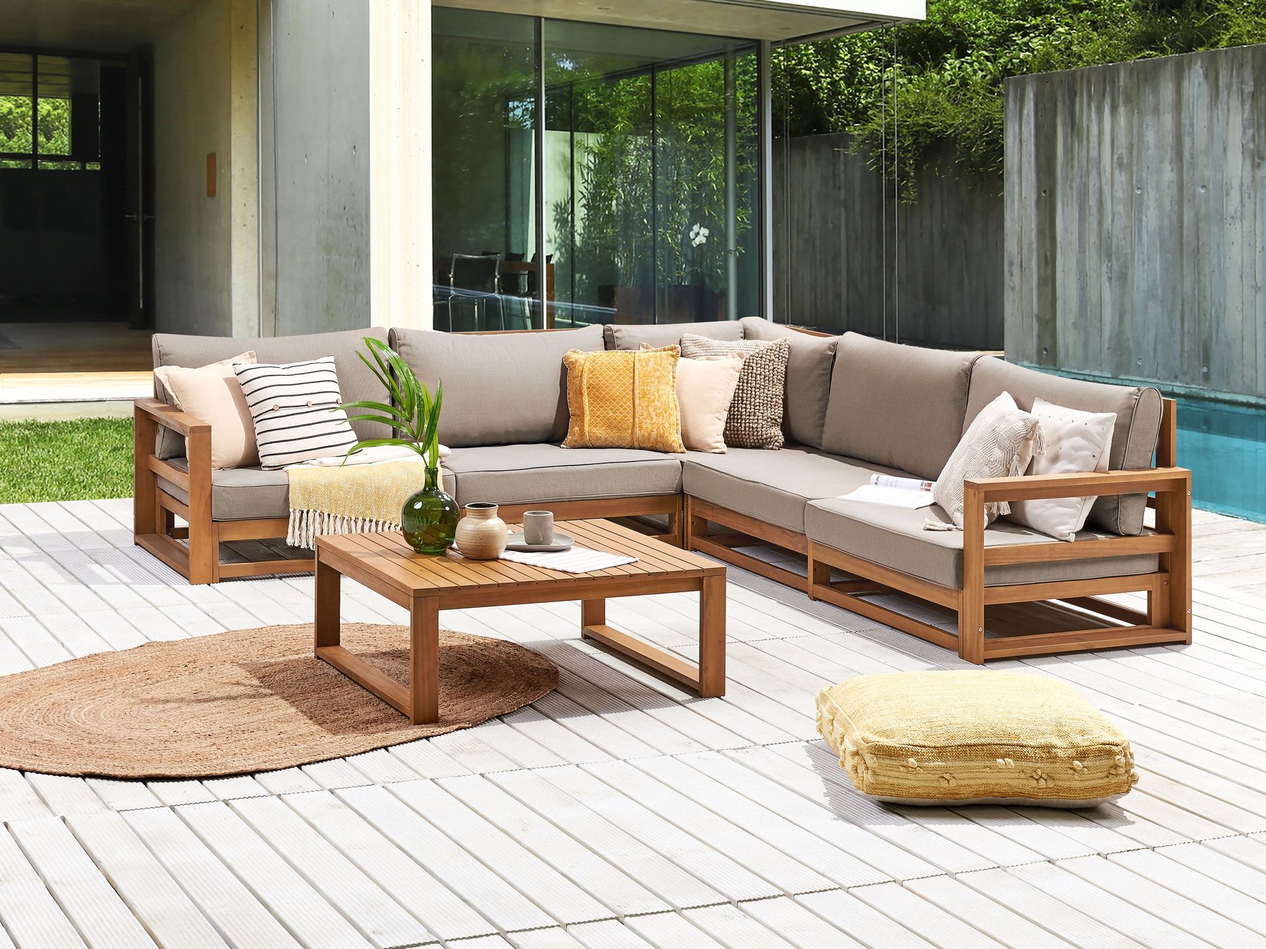 Garden Corner Sofa with Table 5 Seater TIMOR Modular Certified Acacia Wood Light Brown