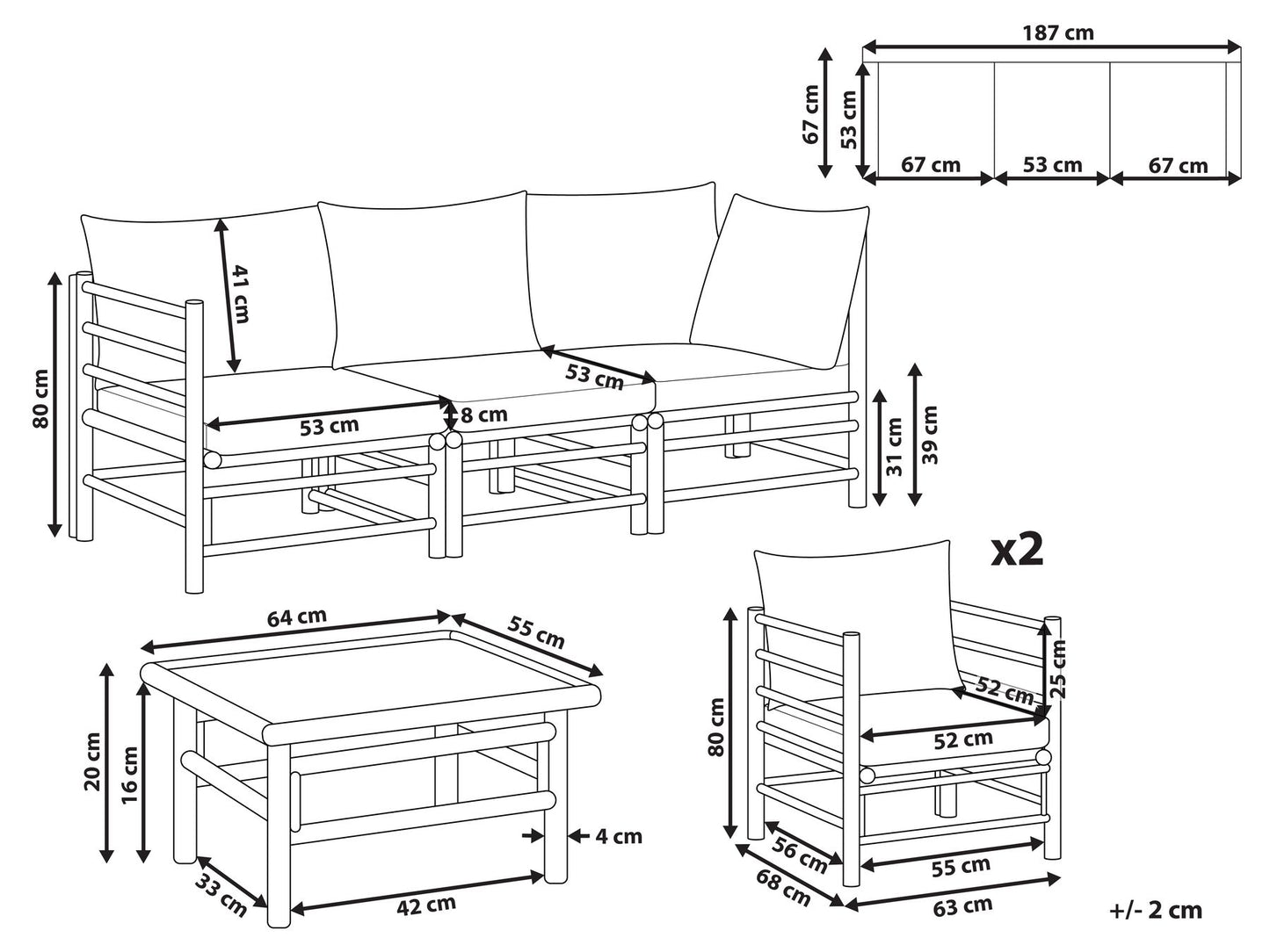 Garden Lounge Set with Table 5 Seater CERRETO Bamboo Wood Taupe