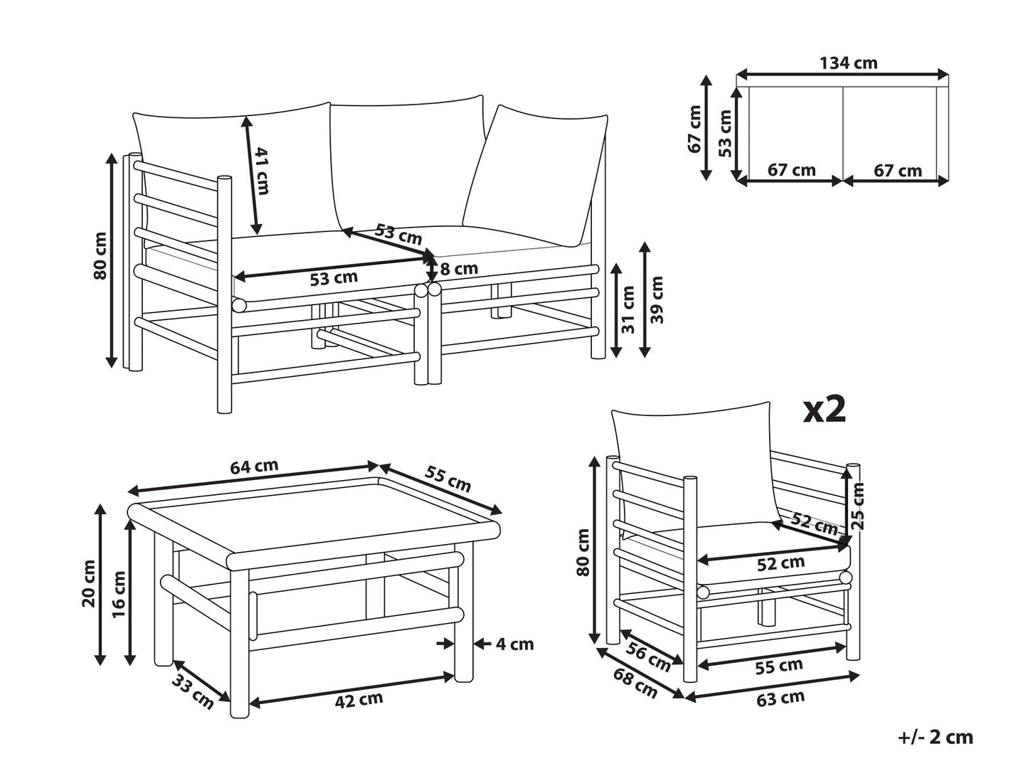 Garden Lounge Set with Table 4 Seater CERRETO Bamboo Wood Off-White