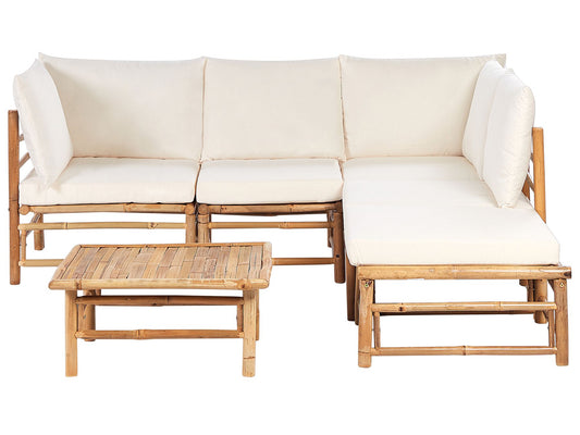 Garden Corner Sofa with Table 5 Seater CERRETO Left Hand Bamboo Wood Off-White