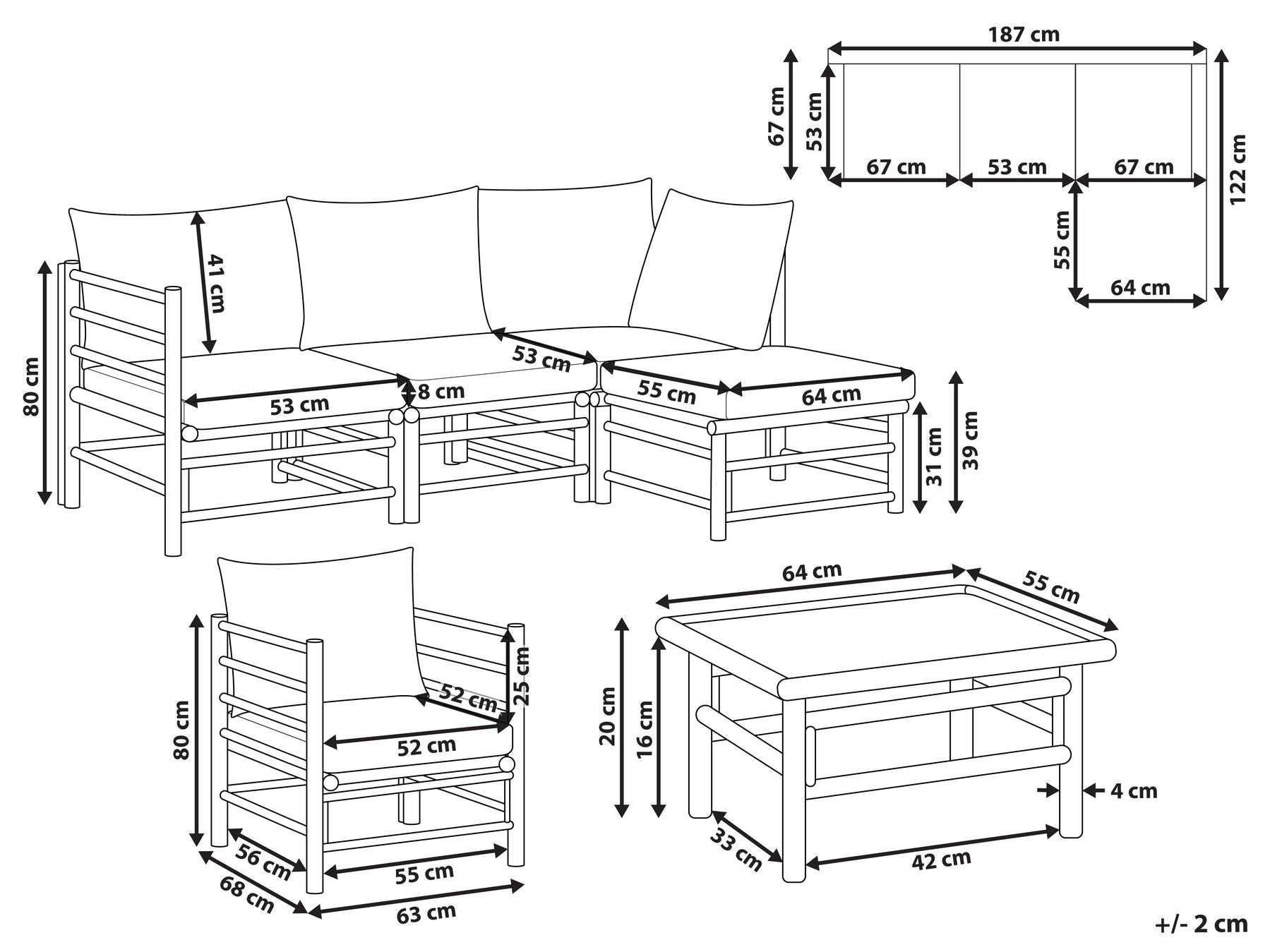 Garden Lounge Set with Table 5 Seater CERRETO Left Hand Bamboo Wood Off-White