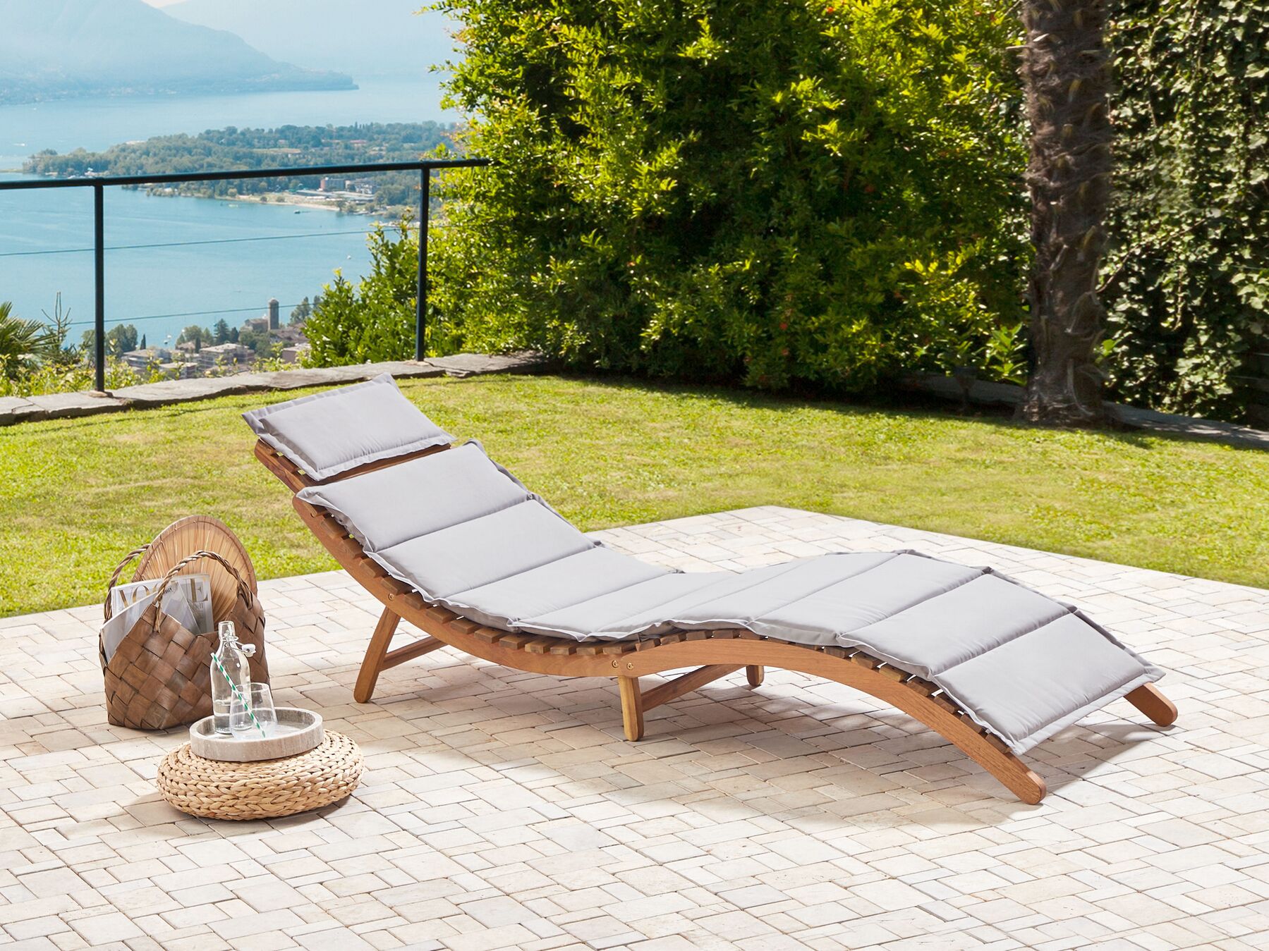 Sun Lounger with Cushion LUINO Acacia Wood Grey