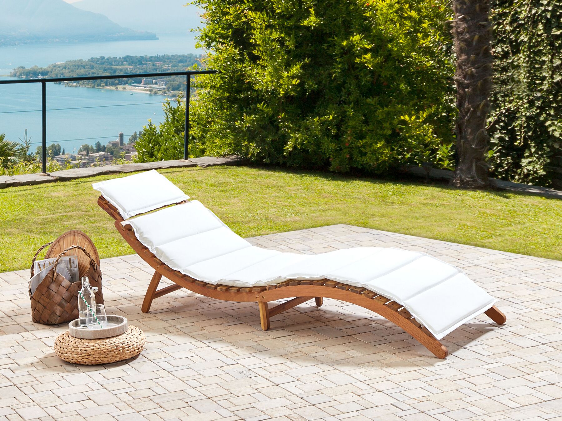 Sun Lounger with Cushion LUINO Acacia Wood Off-White