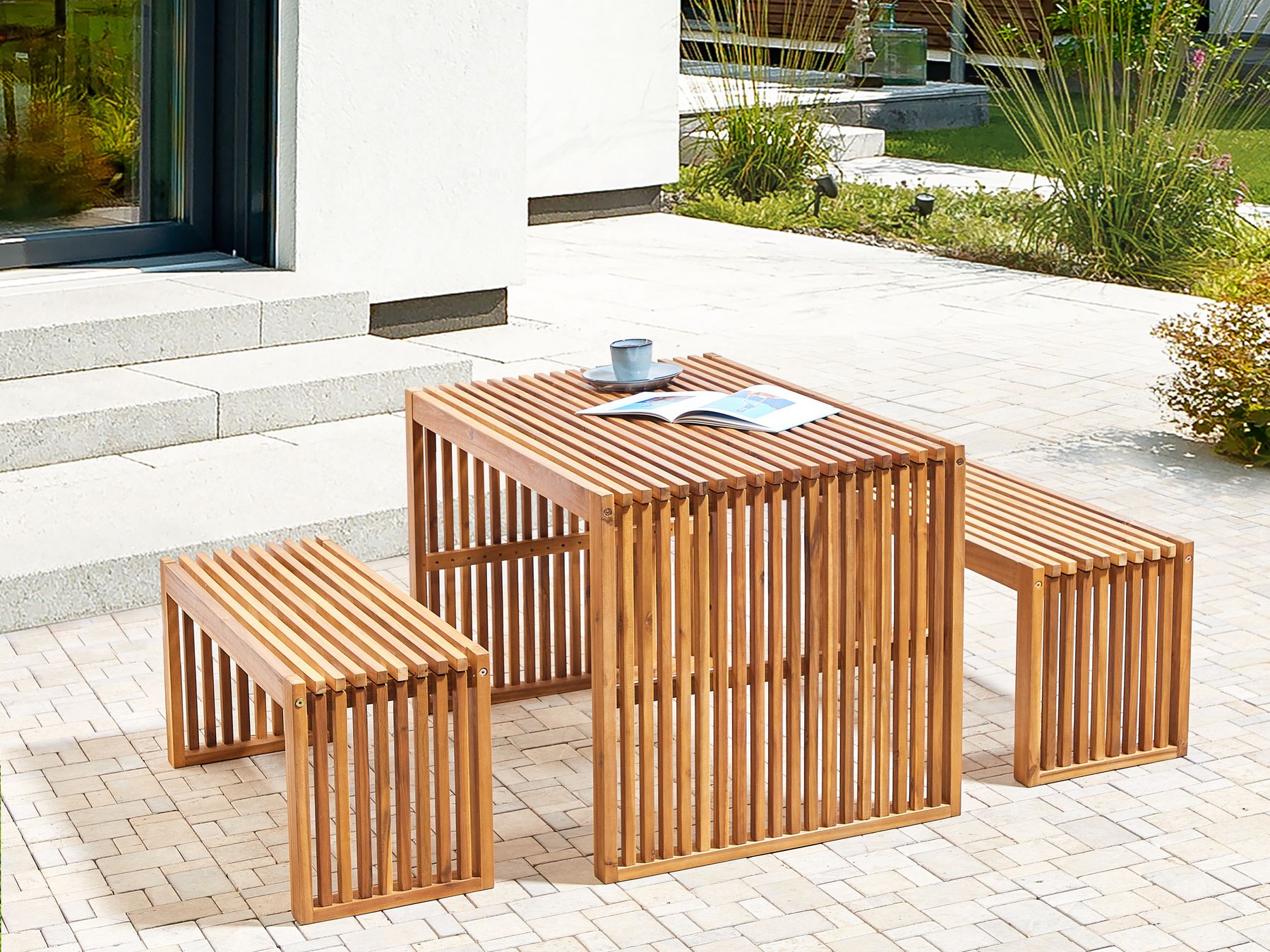 Garden Dining Set with Benches 6 Seater SULZANO Acacia Wood Brown