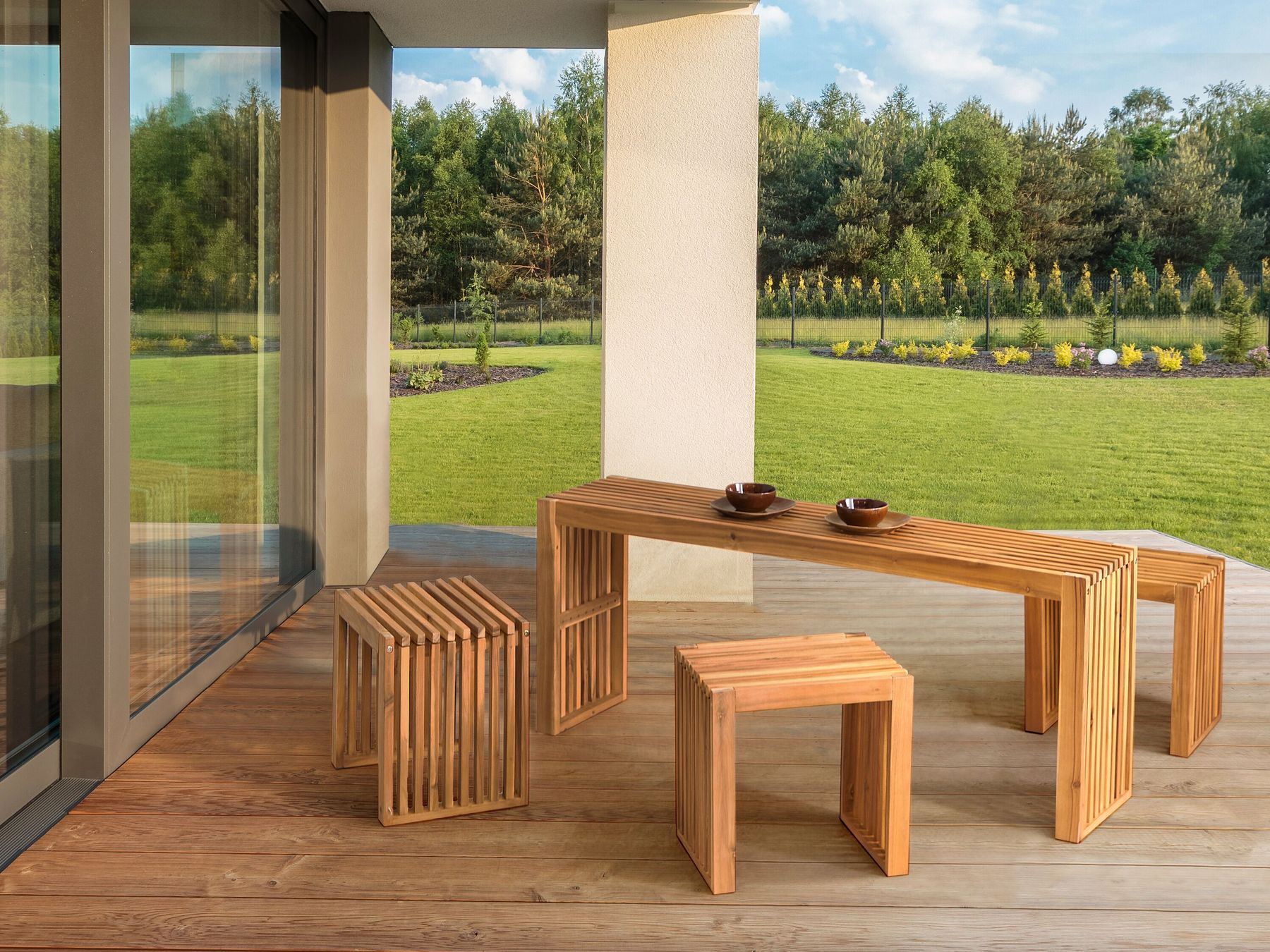 Garden Dining Set with Stools 3 Seater BELLANO Acacia Wood Brown
