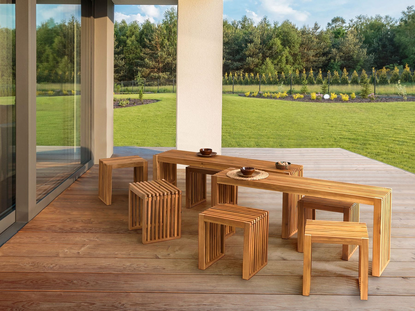 Garden Dining Set with Benches and Stools 6 Seater BELLANO Acacia Wood Brown