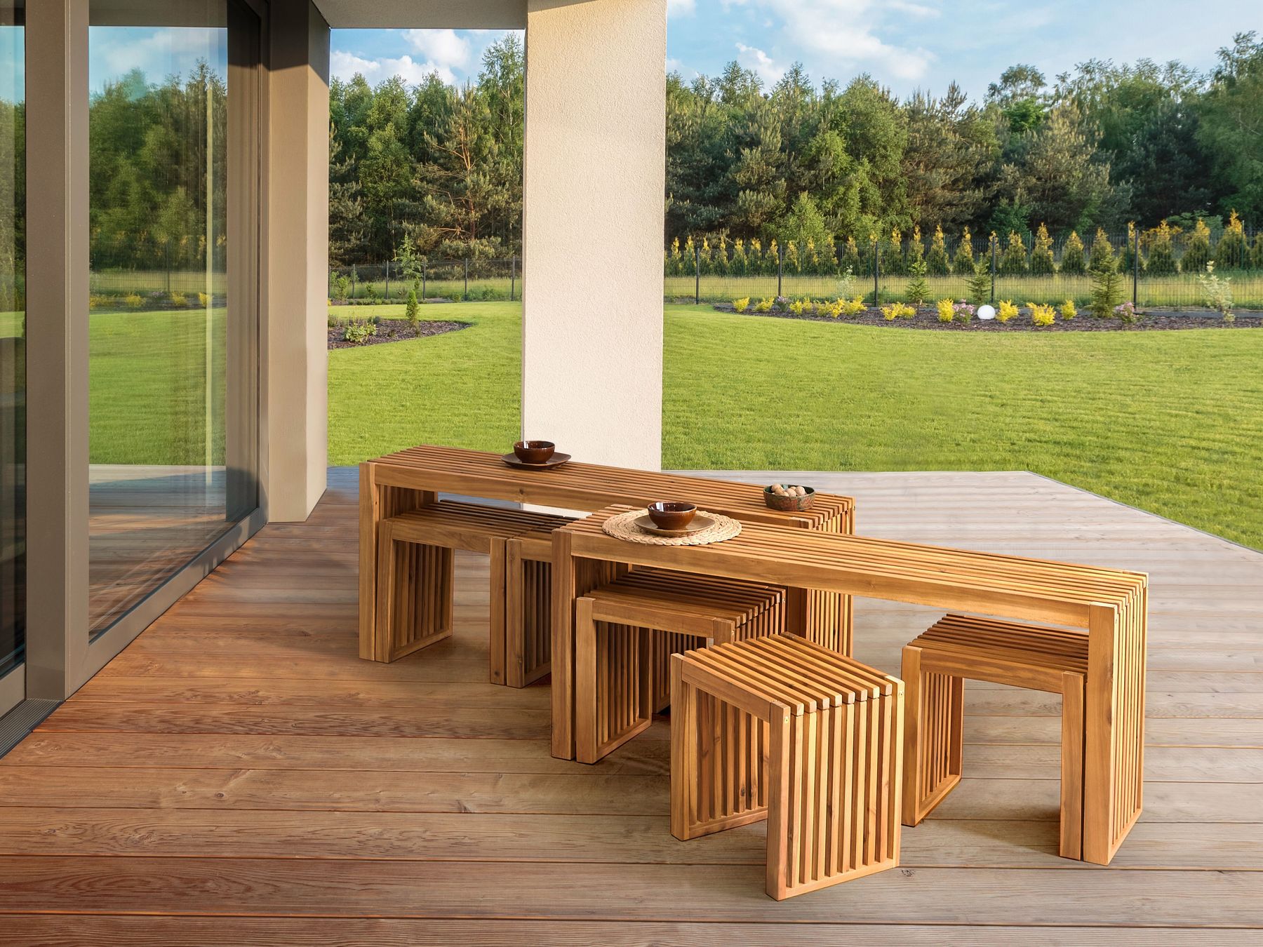 Garden Dining Set with Benches and Stools 6 Seater BELLANO Acacia Wood Brown