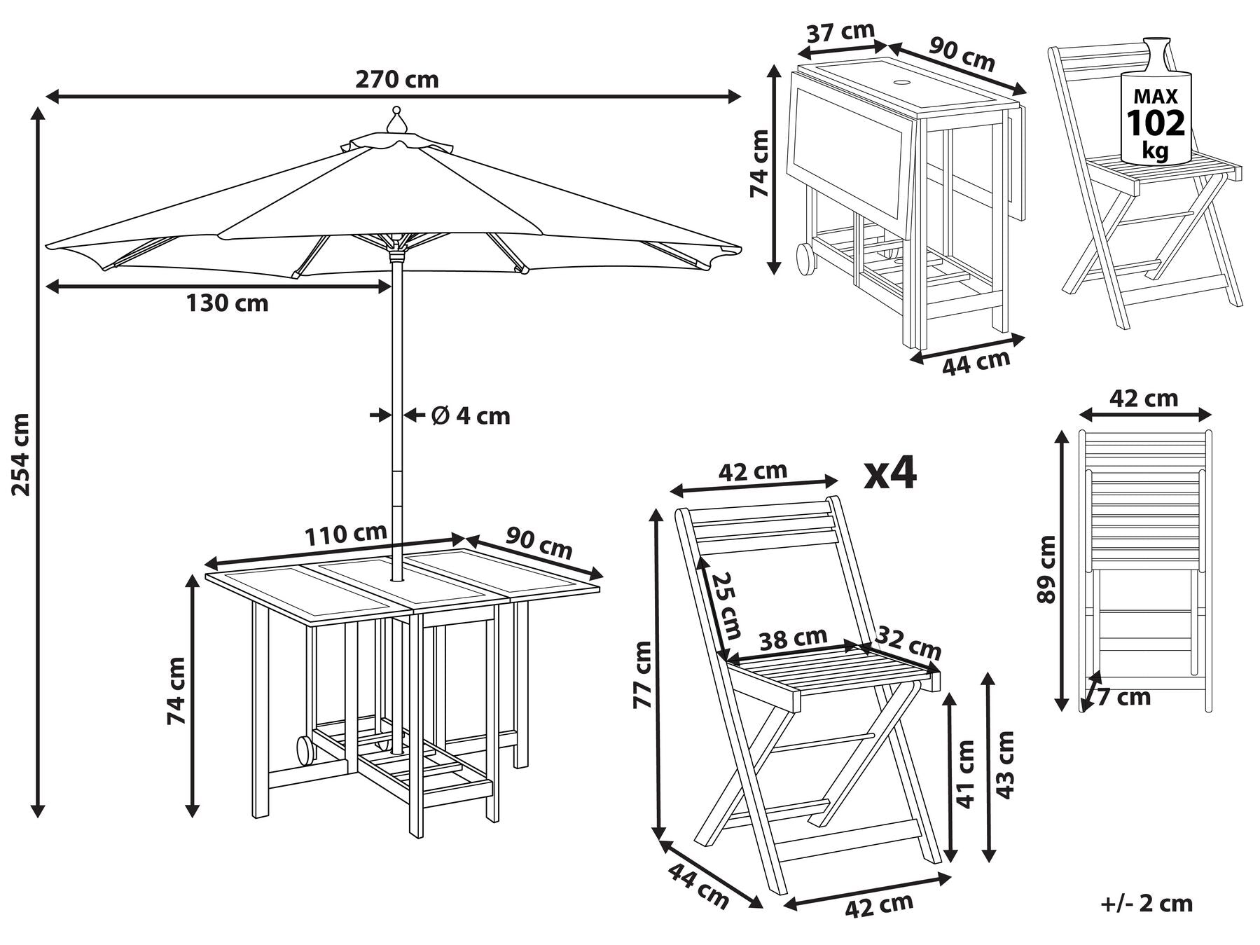 Garden Dining Set 4 Seater FRASSINE with Parasol (12 Options) Acacia Wood Natural
