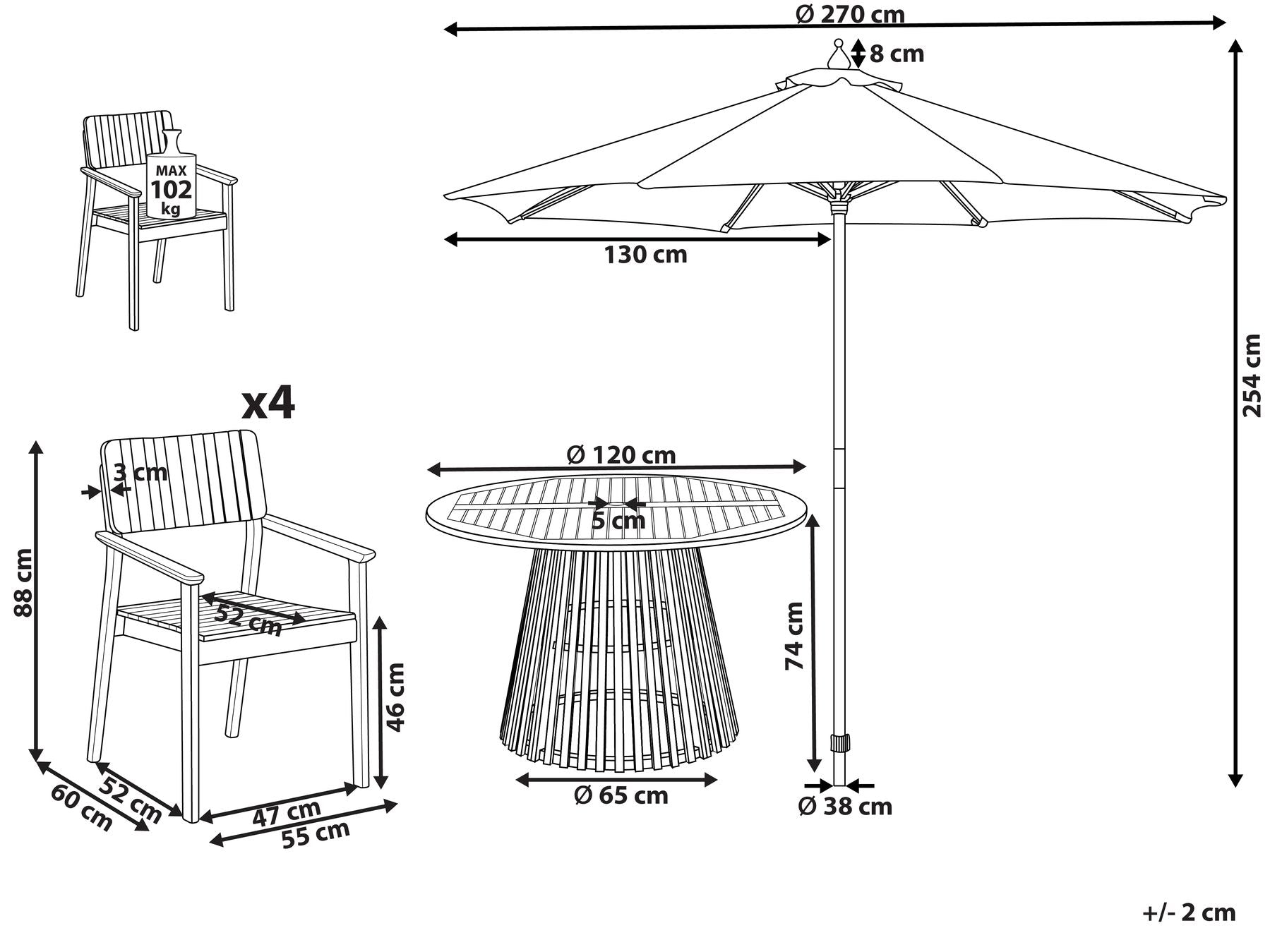 Garden Dining Set 4 Seater AGELLO with Parasol (12 Options) Acacia Wood Brown