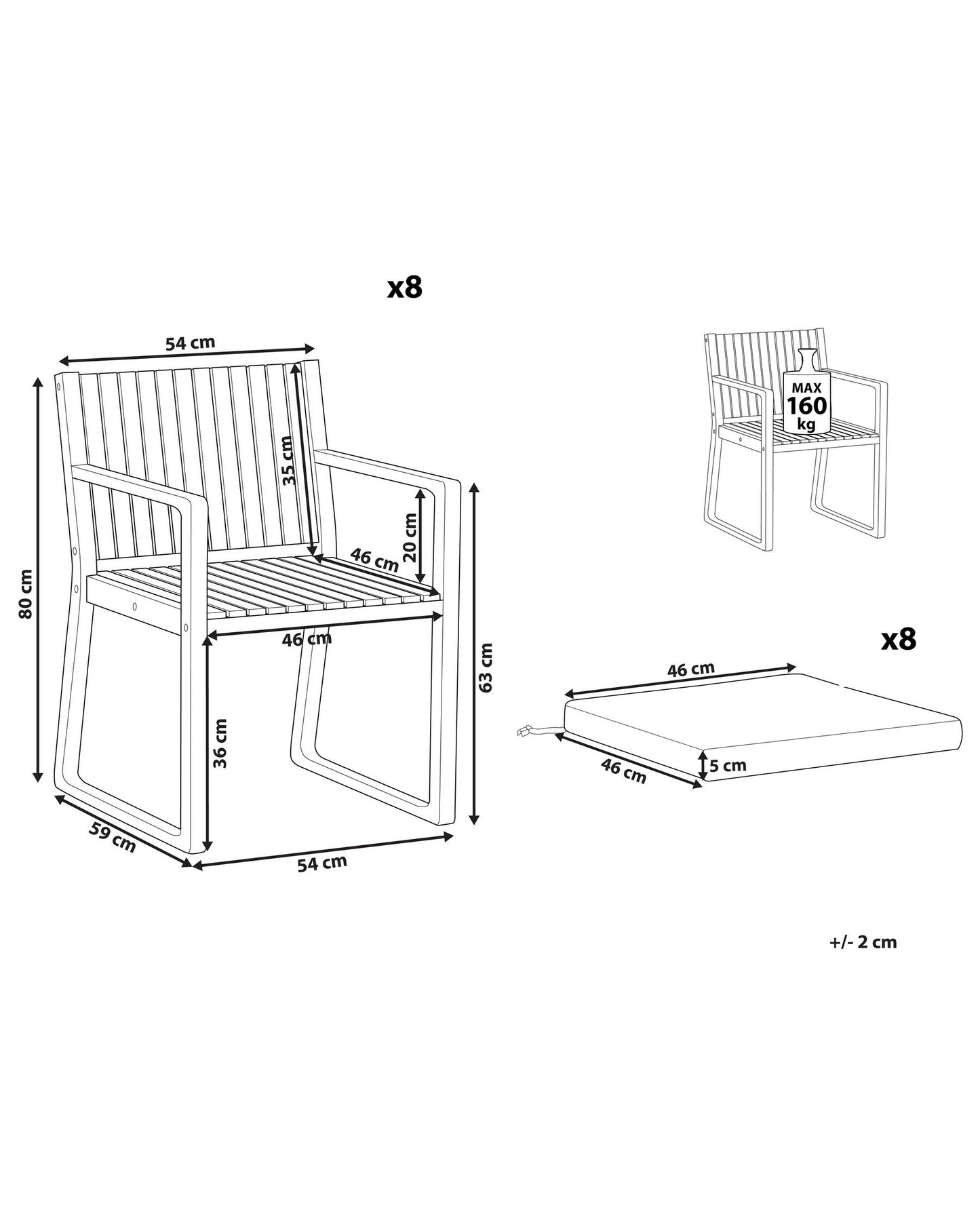 Set of 8 Garden Chairs with Cushions SASSARI Acacia Wood Off-White