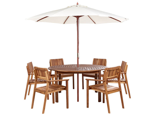 Garden Dining Set 6 Seater AGELLO with Parasol (12 Options) Acacia Wood Brown