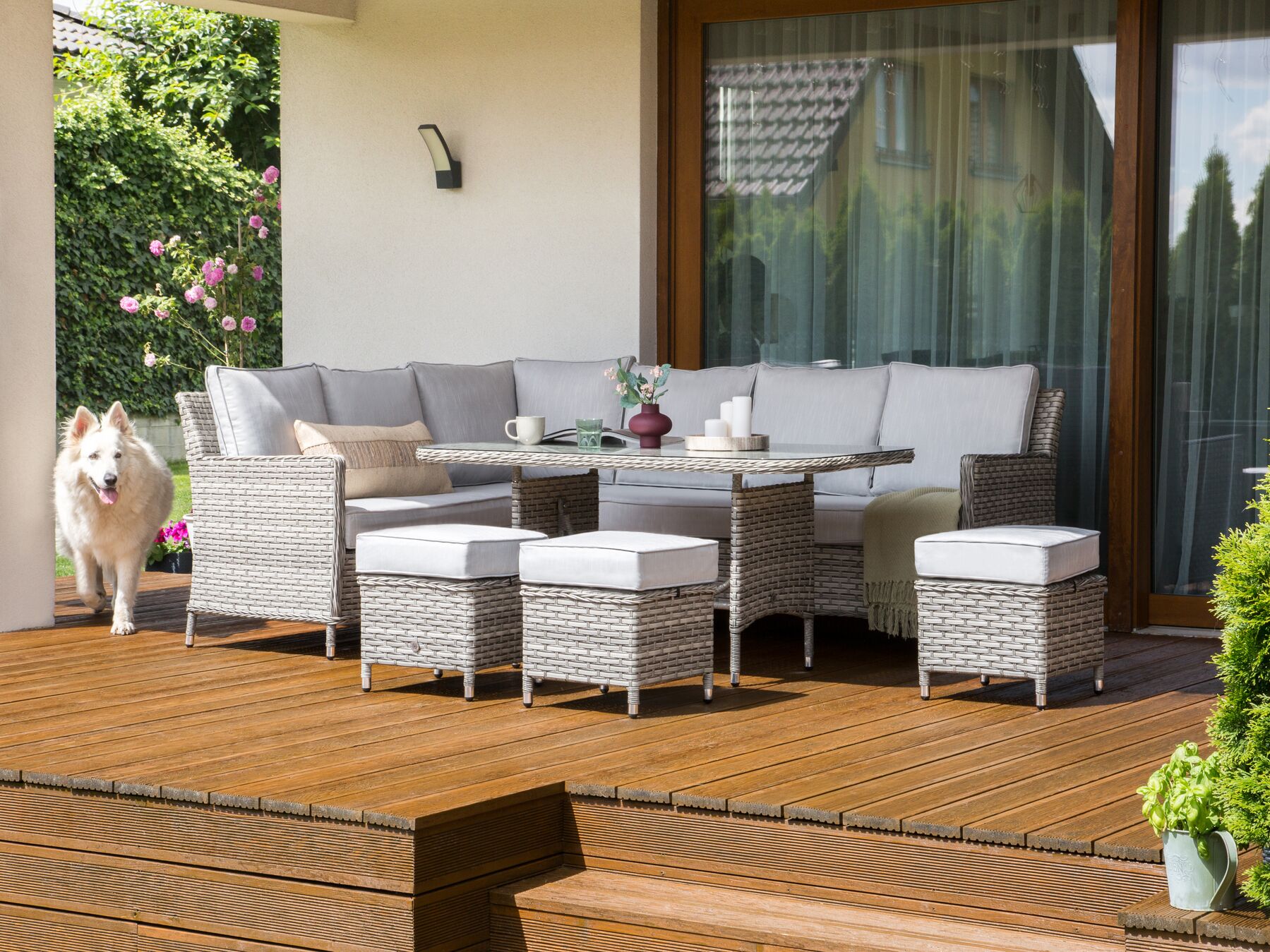 Garden Lounge Set with Table and Ottoman 9 Seater LACONA Right Hand PE Rattan Light Grey