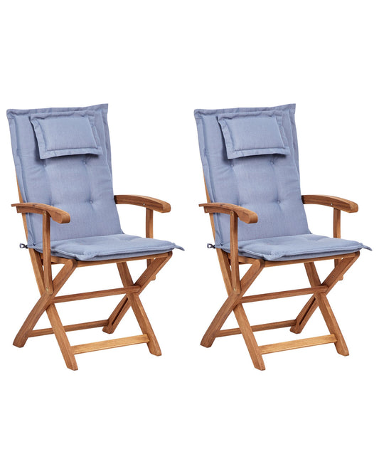 Set of 2 Garden Chairs with Cushions MAUI II Acacia Wood Blue