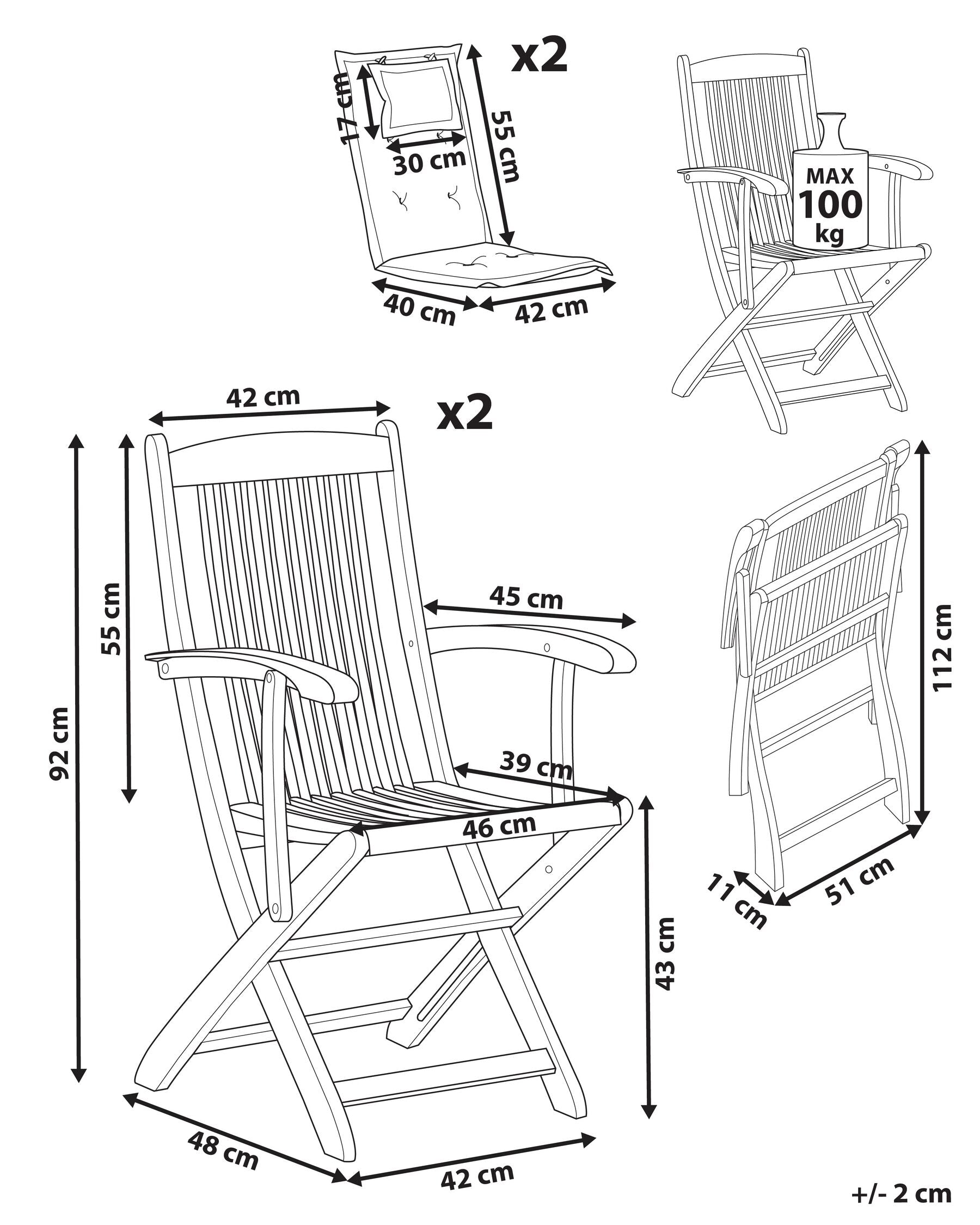 Set of 2 Garden Chairs with Cushions MAUI II Acacia Wood Blue