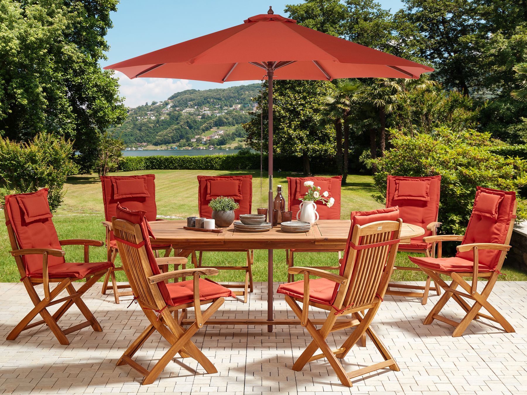 Garden Dining Set 8 Seater MAUI II with Parasol Acacia Wood Dark Red