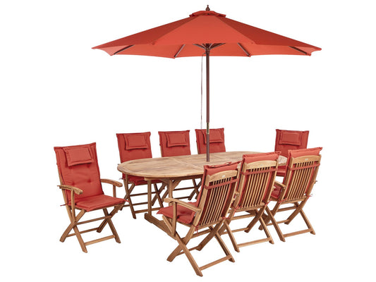 Garden Dining Set 8 Seater MAUI II with Parasol Acacia Wood Dark Red