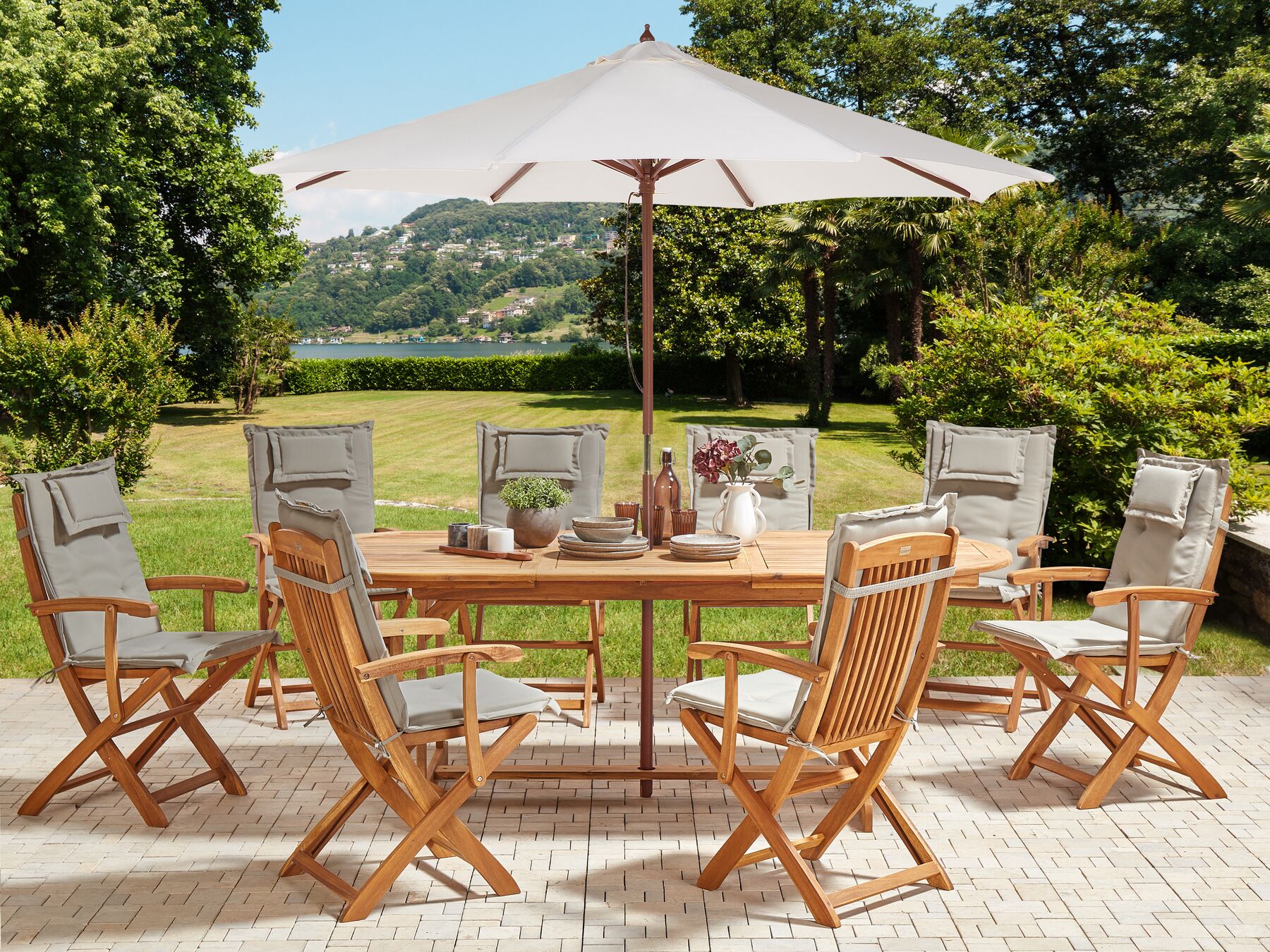 Garden Dining Set 8 Seater MAUI II with Parasol Acacia Wood Taupe
