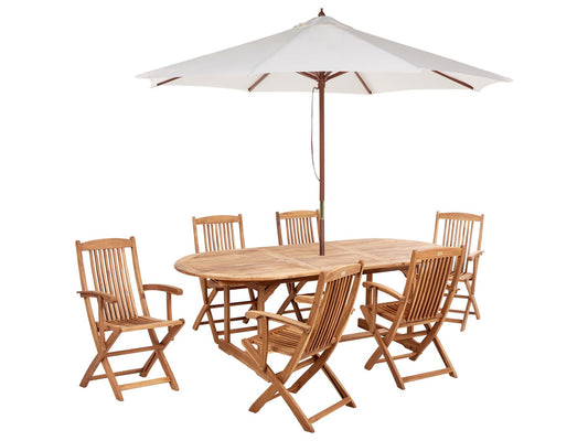 Garden Dining Set 6 Seater MAUI II with Parasol (12 Options) Acacia Wood Light Brown
