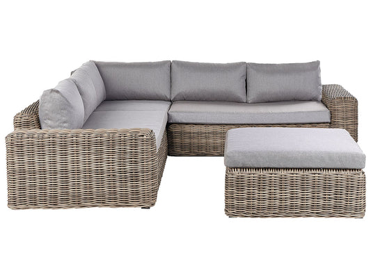 Garden Corner Sofa with Ottoman 6 Seater PALERMO Modular PE Rattan Light Brown