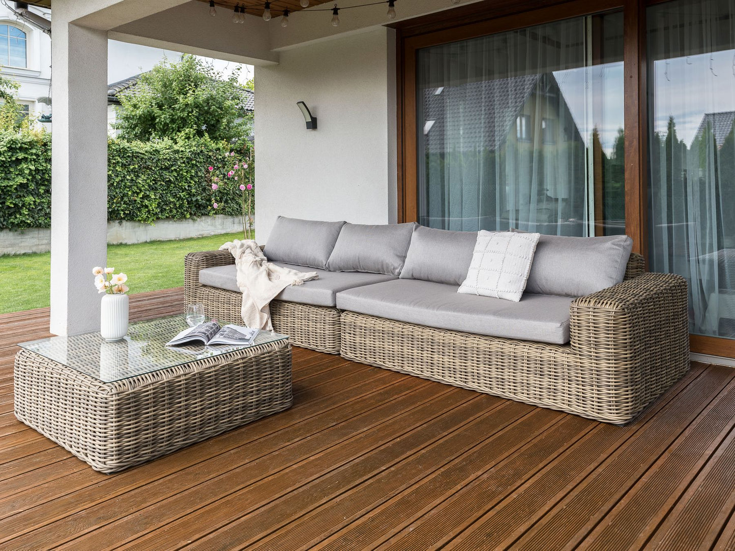 Garden Corner Sofa with Ottoman 6 Seater PALERMO Modular PE Rattan Light Brown